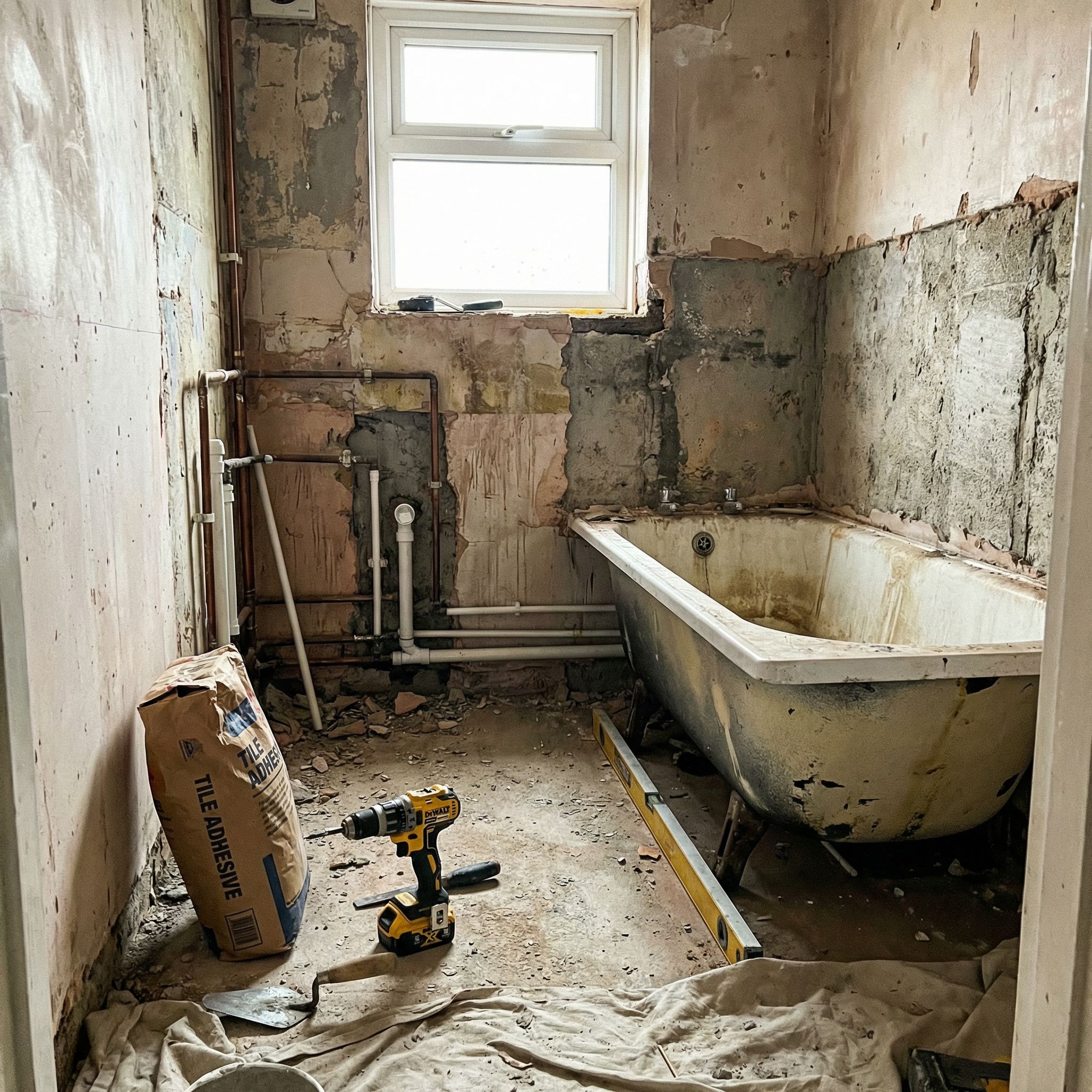 Bathroom mid-renovation - tiles stripped, plumbing exposed